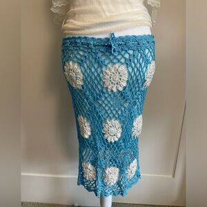 blue and white crochet midi skirt